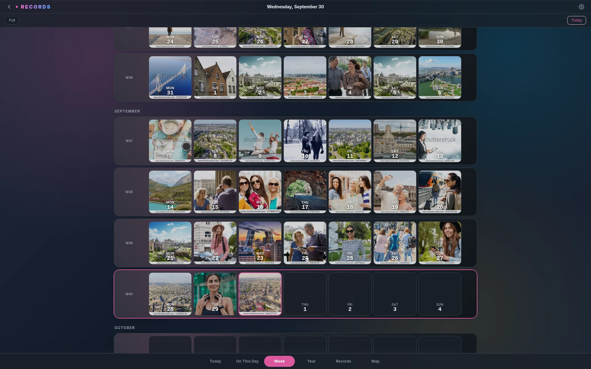 Records week view showing seven photo-covered days